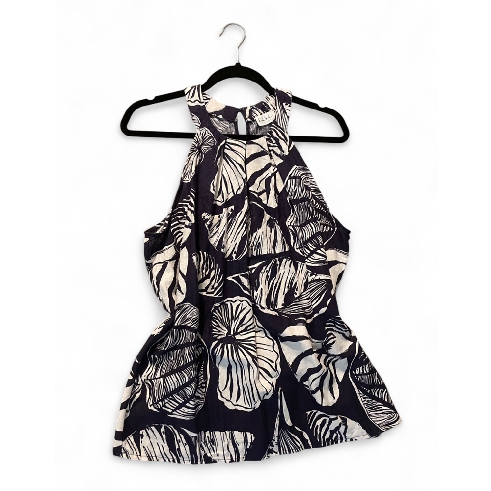 Linen Nautical Blouse Sea Shell Navy White Tank Top Flowy Beach Spring Preppy